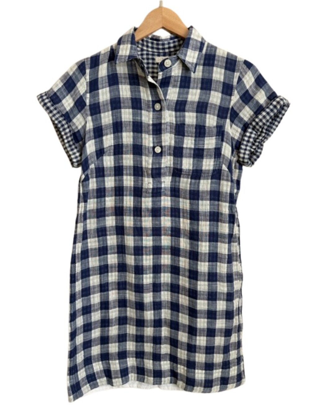 Cotton Gingham Shirt Dress XS Blue White Plaid Short Sleeve Coastal Summer Beach